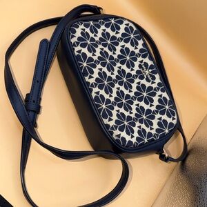 Kate Spade New York Blue Canvas Leather Trim Floral Crossbody Bag - EUC